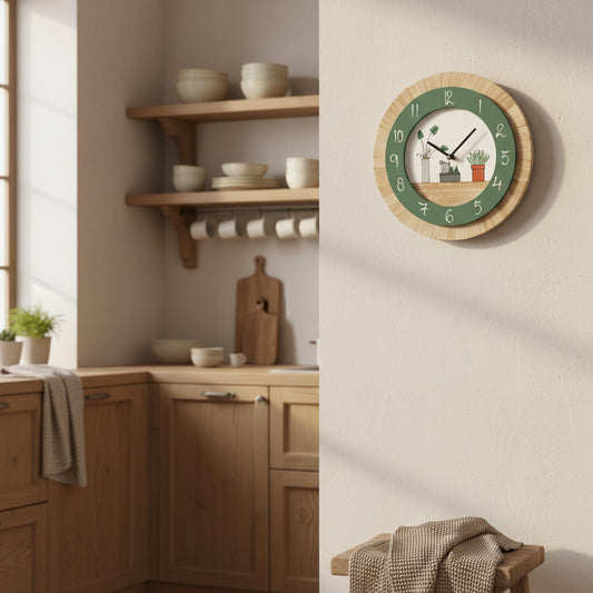 שעון קיר מעץ עם ציור קקטוסים ועציצים בעבודת יד למטבח ולבית