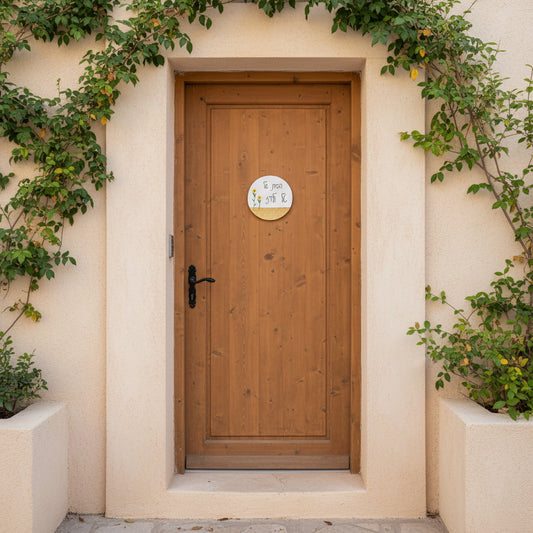 שלט עגול לדלת כניסה עם חמניות וכיתוב אישי