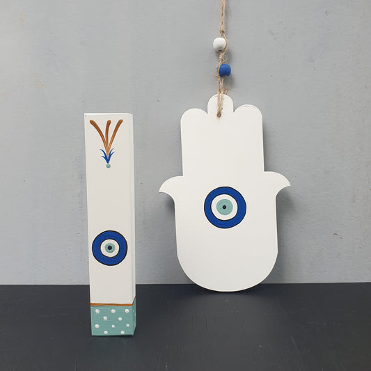 סט חמסה ומזוזה בעבודת יד עם עין כחולה, סמל לשמירה והגנה מתנה לבית חדש ולחנוכת בית