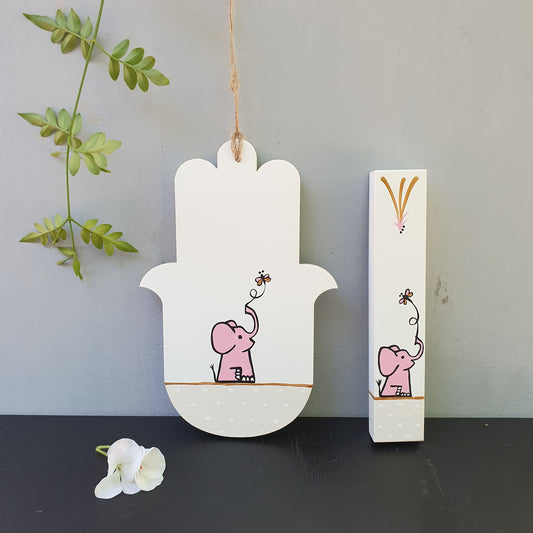 סט חמסה ומזוזה לחדר ילדים בעבודת יד עם ציור פיל מתנה ללידה ציור עבודת יד ישראלי מקורי