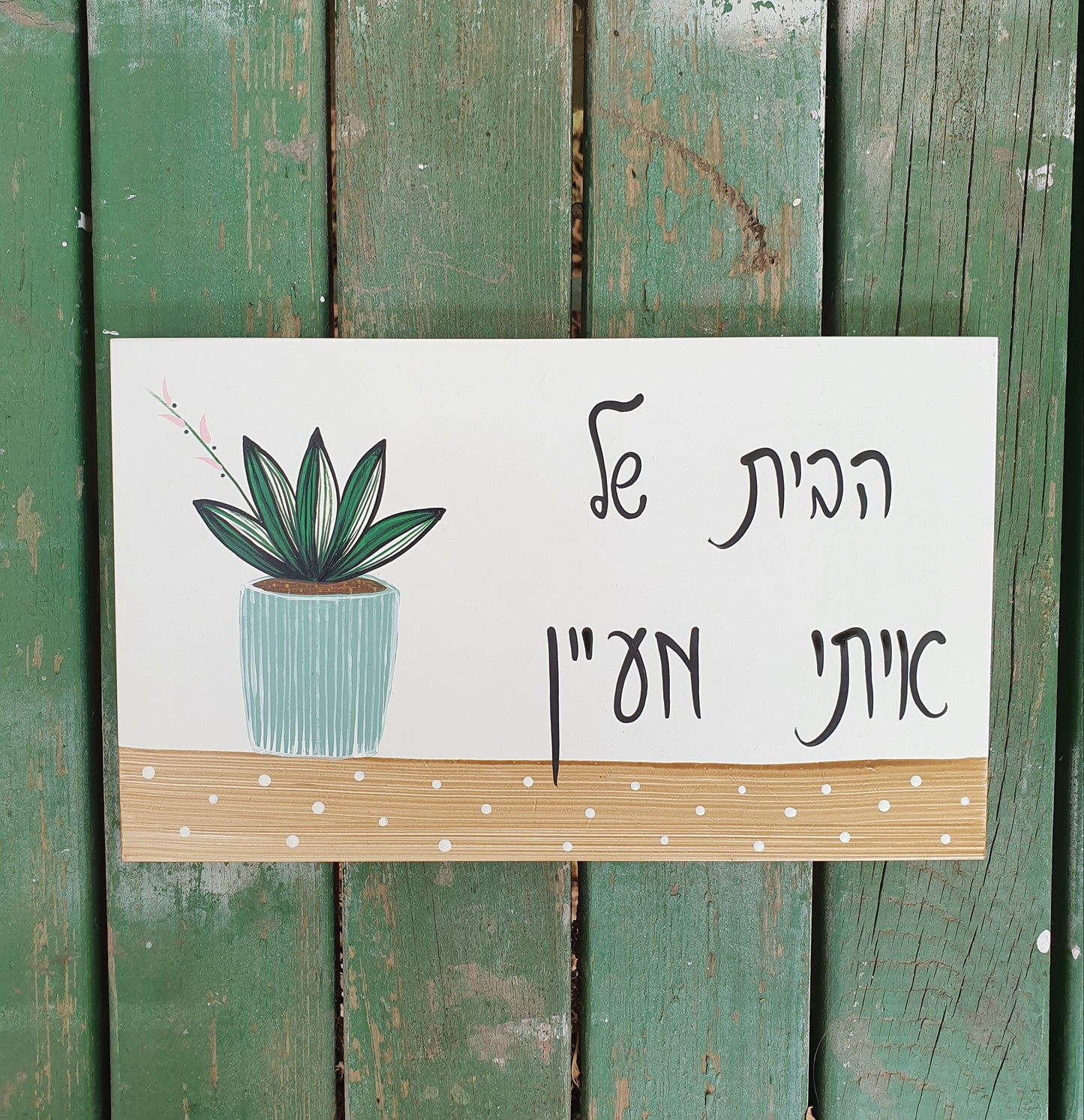 שלט לדלת מעוצב לכניסה לבית, עם איור סוקולנט ירוק בעציץ טורקיז בסגנון טבעי ונקי שמתאים לכל עיצוב.