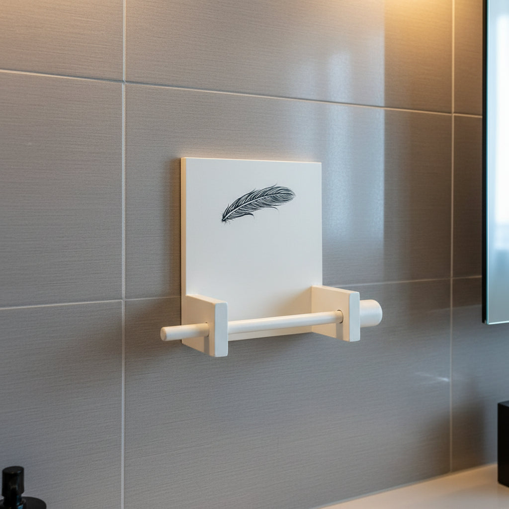 מחזיק נייר טואלט מעץ בעבודת יד עם ציור נוצה עדין