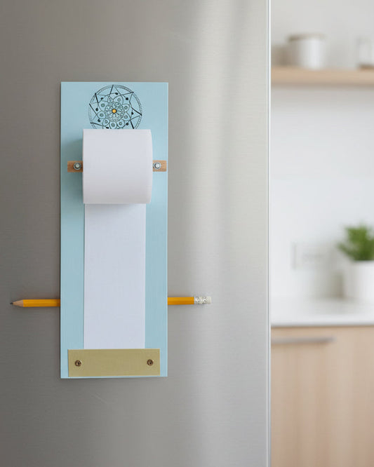 מגנט למקרר ממוסליל תכלת עם מנדלה מצוירת ביד פנקס קניות למטבח מתנה לחג מתנה למורה ולגננת