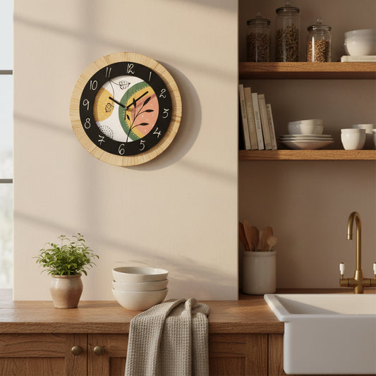 שעון קיר מעוצב מעץ עם ציור מודרני בעבודת יד לבית