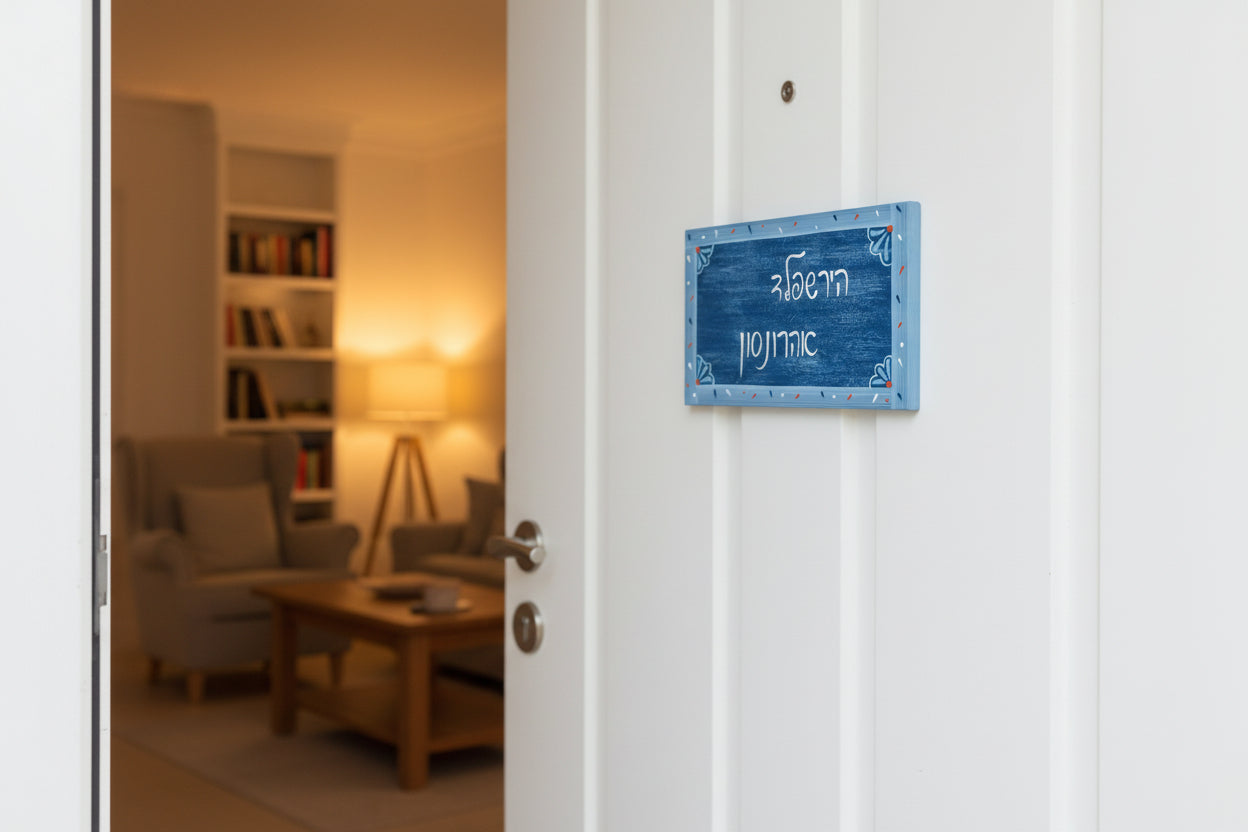 שלט לדלת כחול ווש בסגנון ג׳ינס עם כיתוב אישי