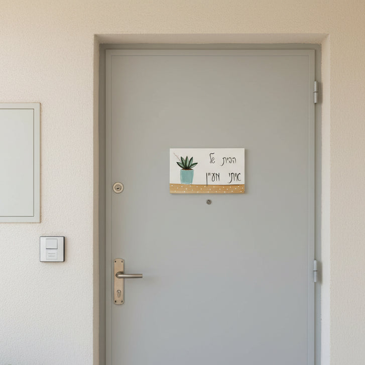 שלט לדלת כניסה עם עציץ מצויר וכיתוב אישי
