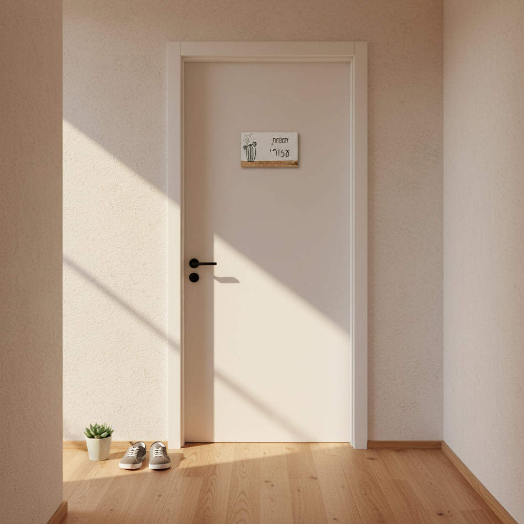 שלט לדלת כניסה עם איור קקטוס וכיתוב אישי בעיצוב מינימליסטי