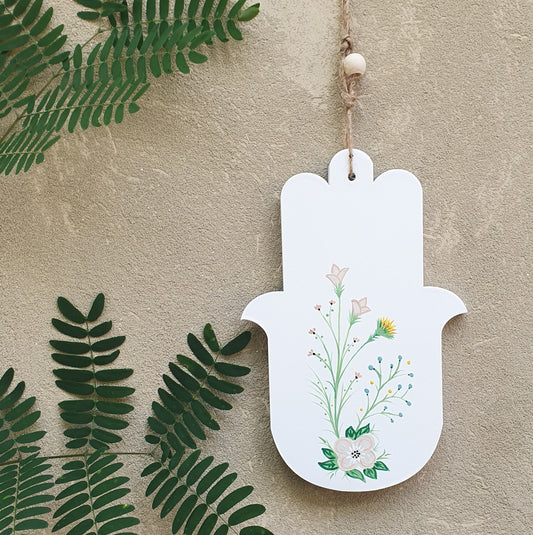 חמסה בעבודת יד עם ציור פריחה עדינה, מתנה לבית לחנוכת בית ולחגים ציור מקורי