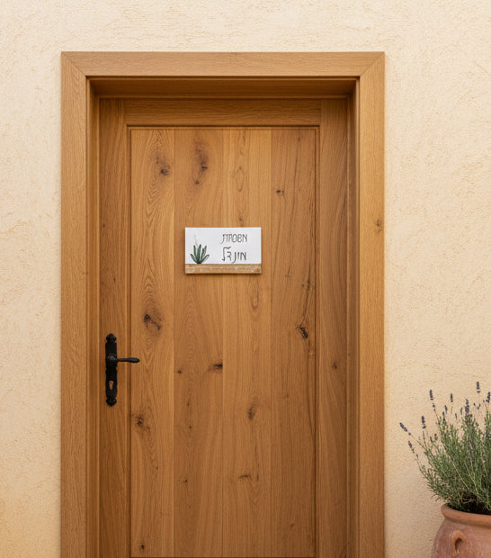 שלט לדלת כניסה עם צמח ירוק וכיתוב אישי בעבודת יד על בסיס עץ טבעי