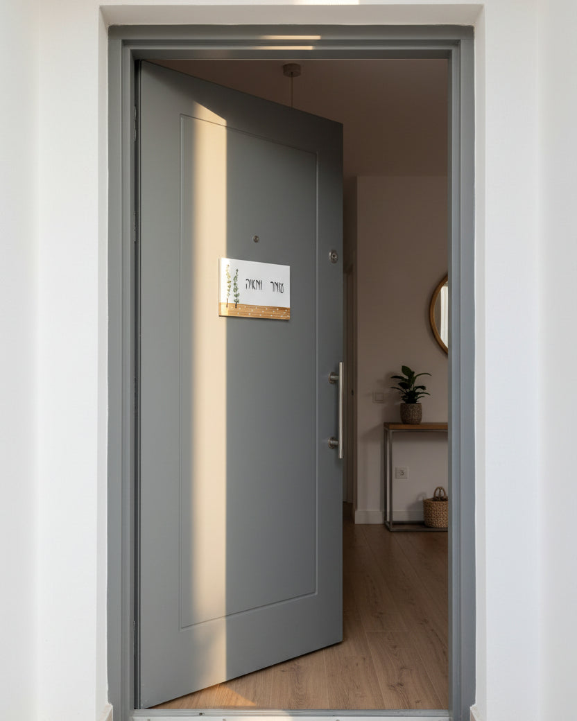 שלט לדלת כניסה עם כיתוב אישי ועיצוב ירוק עדין