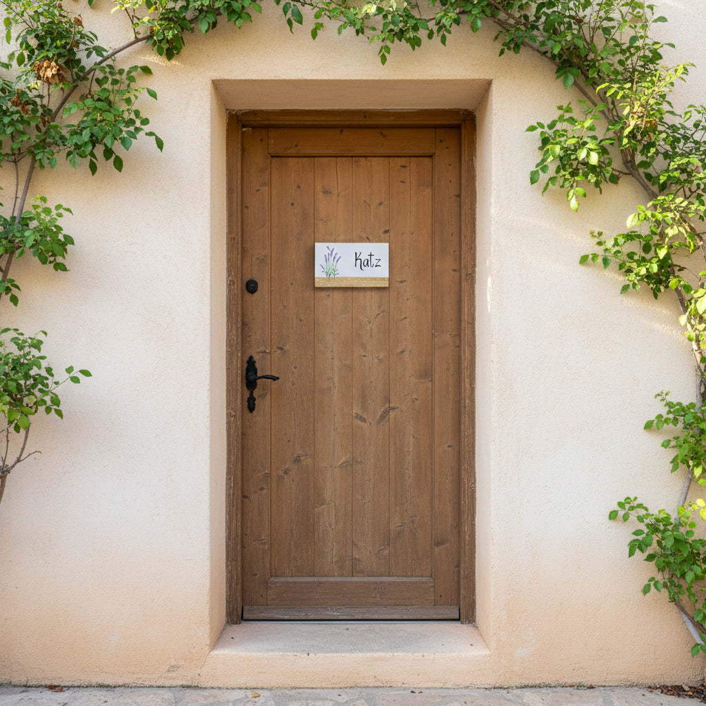 שלט לדלת כניסה עם ציור של פרח לבנדר בעבודת יד על רקע לבן עם פס עץ טבעי