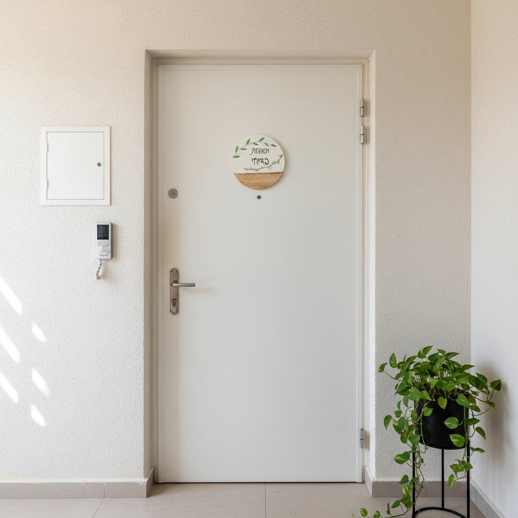 שלט לדלת כניסה עם ציור גבעולים ירוקים  מתנה מיוחדת מתנה לחנוכת בית 