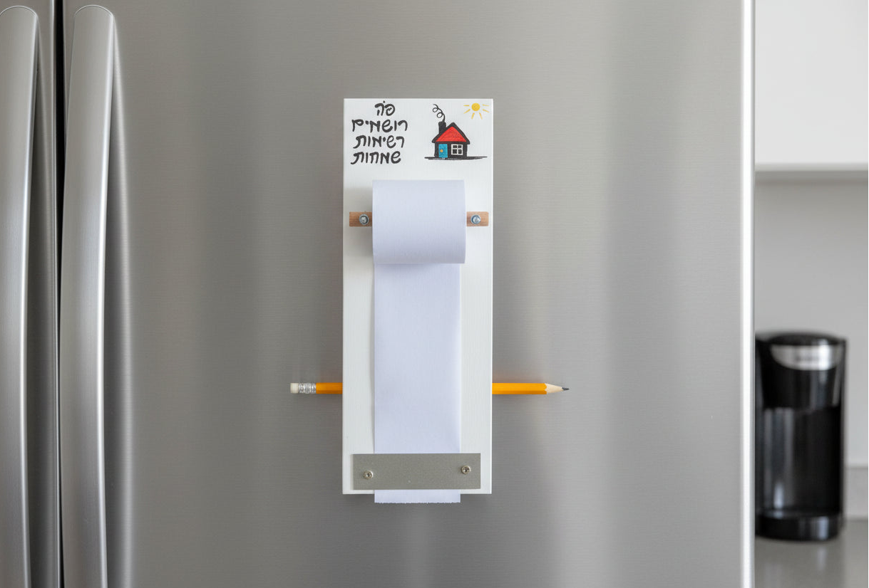 לוח רשימות מגנטי למקרר עם נייר סליל ואיור בית הכיתוב פה כותבים רשימות שמחות