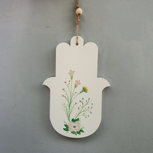 חמסה בעבודת יד עם ציור פריחה עדינה, מתנה לבית לחנוכת בית ולחגים ציור מקורי