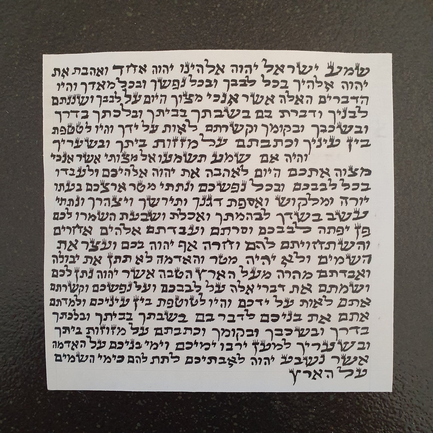 קלף מזוזה כשר בעבודת סופר סת״ם כתיבה מסורתית על קלף טבעי מתאים לכל בית מזוזה ולמזוזה לחדר ילדים